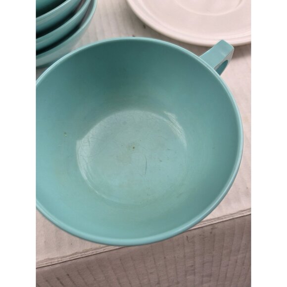 Set 14 Vintage MCM Melmac Durawear White & Turquoise Coffee Cups Berry Bowls - Picture 10 of 13